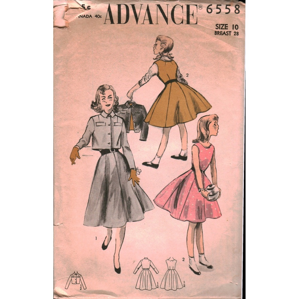 Vintage Advance 6558 Girls Jumper Dress and Cropped Jacket Sewing Pattern Sz 10